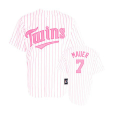 Women - Minnesota Twins #7 Joe Mauer White(Pink Strip)Fashion Jersey