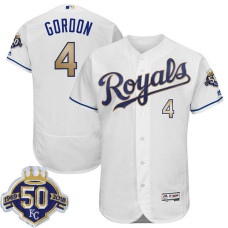 Kansas City Royals Alex Gordon #4 White 50th Anniversary Patch Alternate On-Field Flex Base Player Jersey