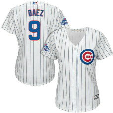 Women - Chicago Cubs Javier Baez #9 White 2016 World Series Champions Team Logo Patch Cool Base Jersey