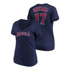 Women - Los Angeles Angels #17 Navy Shohei Ohtani Name & Number Majestic V-Neck T-Shirt