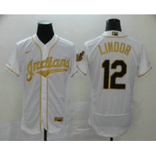 Cleveland Indians #12 Francisco Lindor White With Gold Stitched Flex Base Jersey