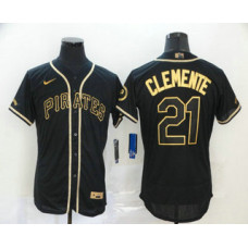 Pittsburgh Pirates #21 Roberto Clemente Black With Gold Stitched Flex Base Jersey