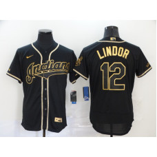 Cleveland Indians #12 Francisco Lindor Black With Gold Stitched Flex Base Jersey