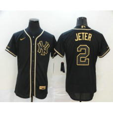 New York Yankees #2 Derek Jeter Black Golden Stitched Flex Base Jersey