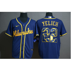 Milwaukee Brewers #22 Christian Yelich Blue White Team Logo Stitched Cool Base Jersey