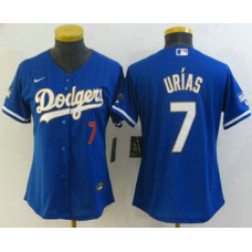 Women's Los Angeles Dodgers #7 Julio Urias Red Number Blue Gold Championship Stitched Cool Base Jersey