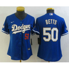 Women's Los Angeles Dodgers #50 Mookie Betts Red Number Blue Gold Championship Stitched Cool Base Jersey