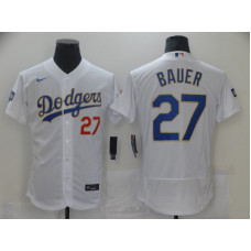 Los Angeles Dodgers #27 Trevor Bauer White Gold Champions Patch Stitched Flex Base Jersey