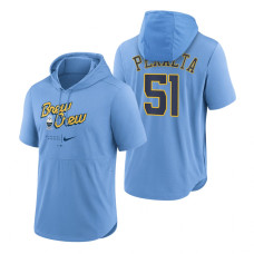 Milwaukee Brewers Freddy Peralta Powder Blue 2022 City Connect Short Sleeve Pullover Hoodie