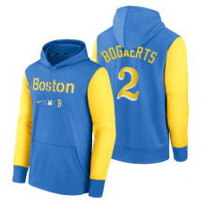Boston Red Sox Xander Bogaerts Blue Yellow 2022 City Connect Collection Performance Pullover Hoodie