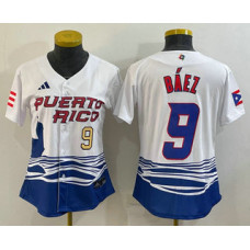 Women's Puerto Rico Baseball #9 Javier Baez White 2023 World Baseball Classic Jersey