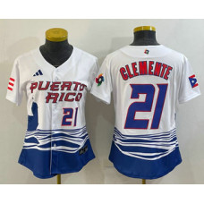 Women's Puerto Rico Baseball #21 Roberto Clemente 2023 WBC Jersey -  White