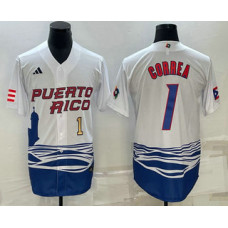 Men's Puerto Rico Baseball #1 Carlos Correa White 2023 World Baseball Classic Jersey