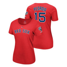 Women - Boston Red Sox Red #15 Dustin Pedroia Sleeve Patch T-Shirt 2018 World Series Champions